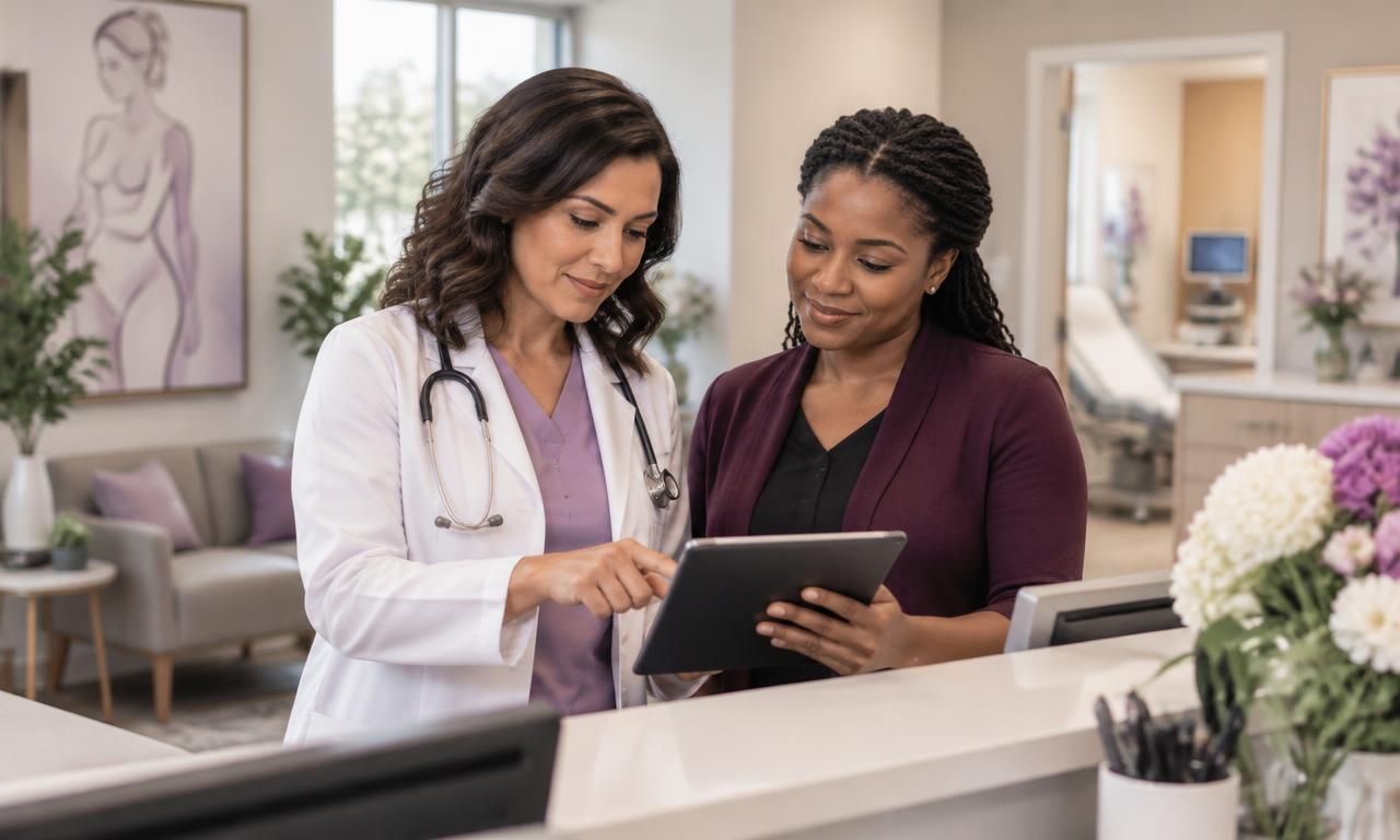 OB/GYN physician and practice manager reviewing a recall list
